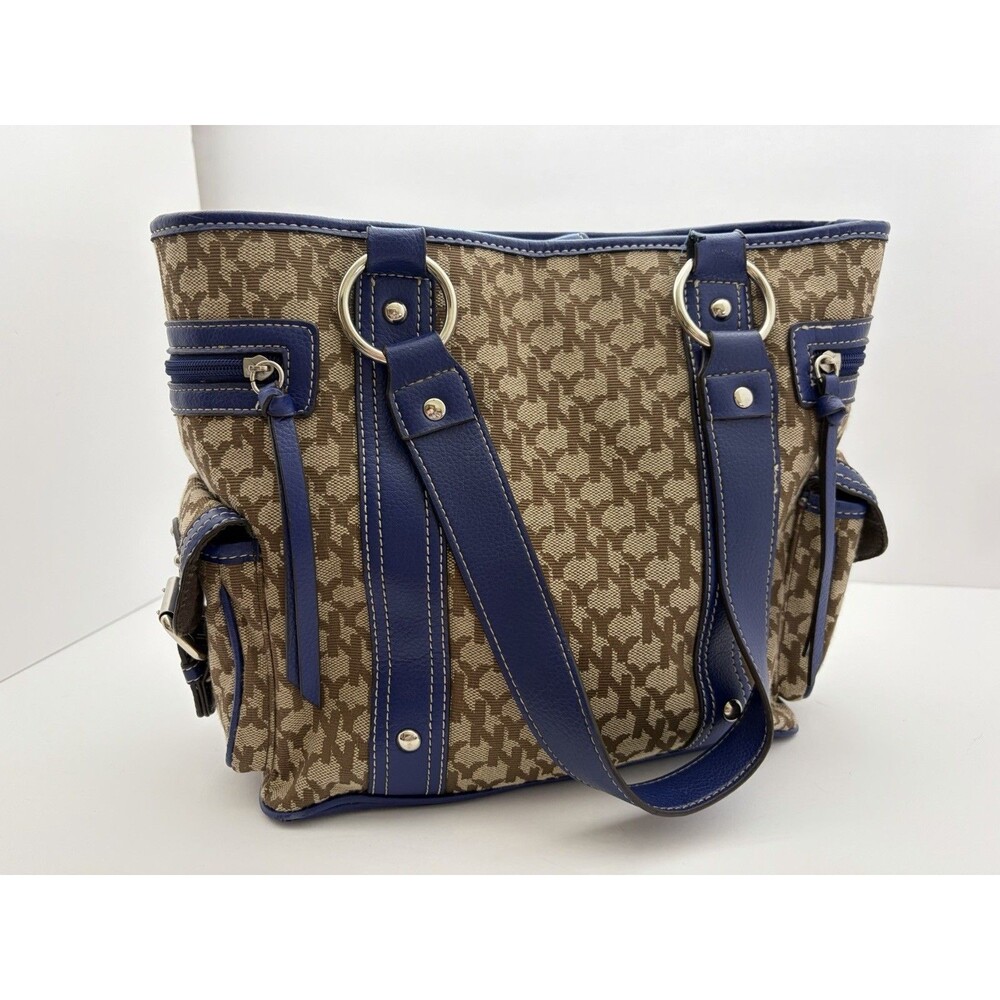 New York & Company Blue & Tan Monogram Canvas Shoulder Bag Tote Multi-Pocket